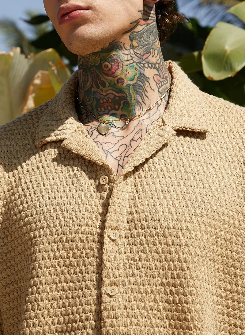 CAHOOT  Men's Buff Beige Oval-Tactile Knit Oversized Shirt For Casual Wear | Cuban Collar | Short Regular Sleeves | Button Closure | Oversized Shirt Crafted With Comfort Fit For Everyday Wear for Men | Best Price UAE